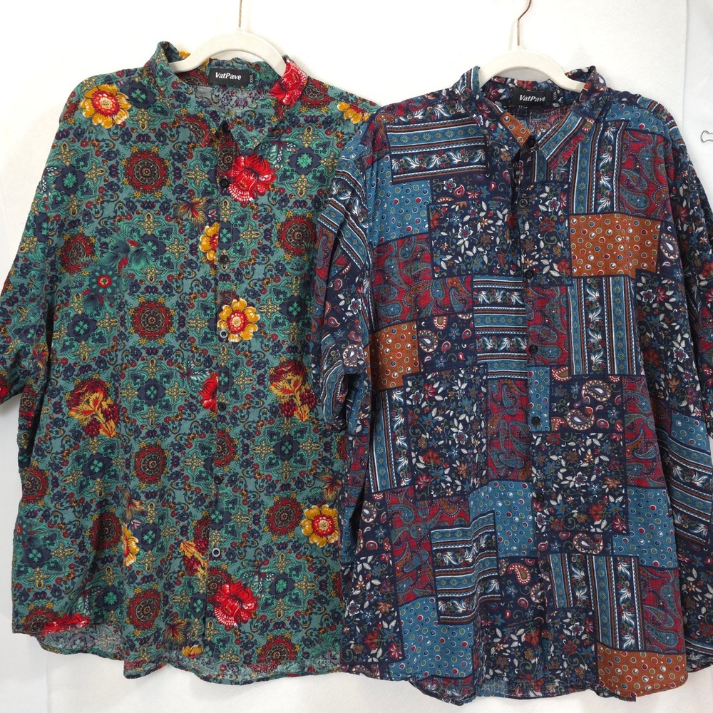 VatPave Button Down Shirt Set Of 2 Floral Patchwork Multicolor Men 3XL Retro